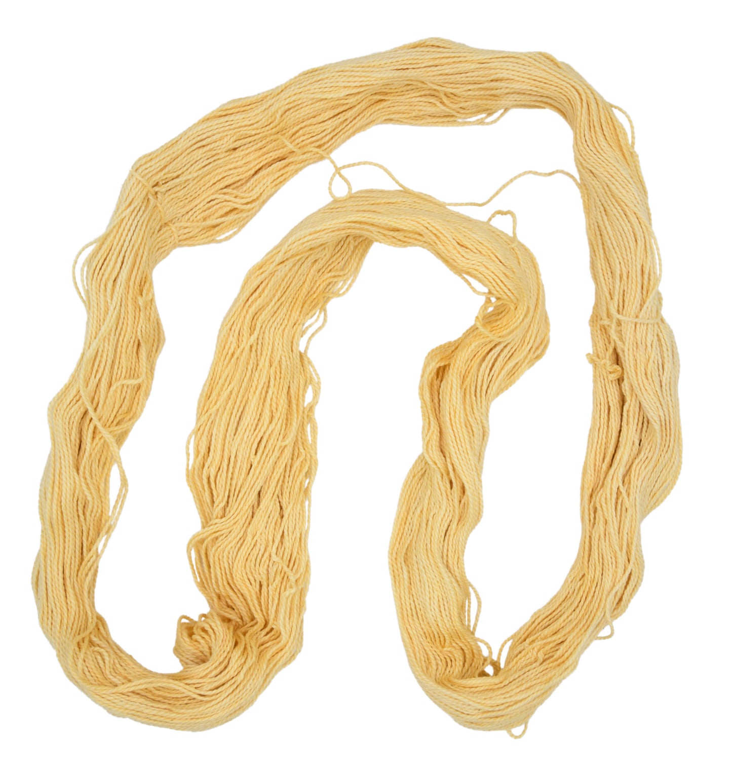 Funshine yarn displayed in a spread-out hank — DK weight Pima cotton yarn in bold, cheerful yellow with subtle tonal variation and smooth 2-ply twist visible across the strands