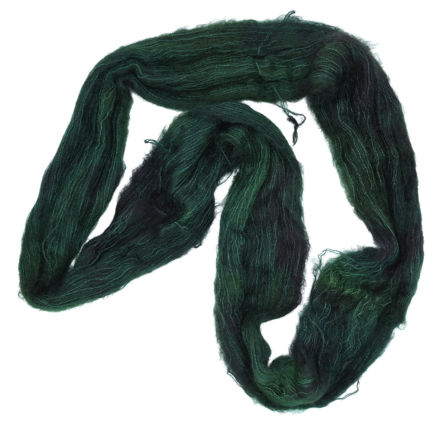 An unfolded skein of Barn Yarn hand-dyed mohair yarn in colorway Holly Leaves, a classic evergreen with deep, saturated tones perfect for all knit and crochet projects.