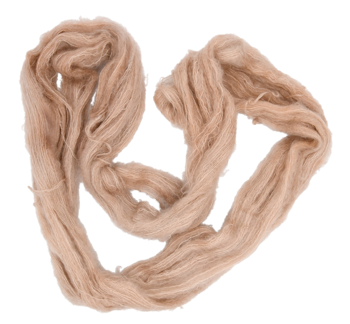 An unfolded skein of Barn Yarn hand-dyed mohair yarn in colorway Pink Sand, a soft blush pink with sandy undertones, perfect for knitting and crochet projects.