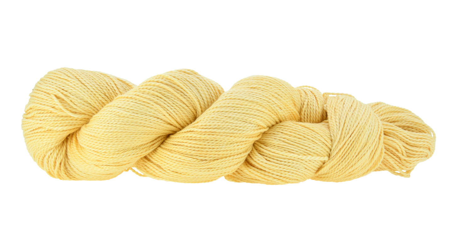 Hand-dyed DK weight yarn in Funshine colorway — 100% Pima cotton skein in vibrant, sunny yellow with tonal brightness, twisted in a classic hank showing 2-ply structure and soft texture