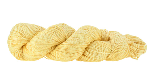 Hand-dyed DK weight yarn in Funshine colorway — 100% Pima cotton skein in vibrant, sunny yellow with tonal brightness, twisted in a classic hank showing 2-ply structure and soft texture