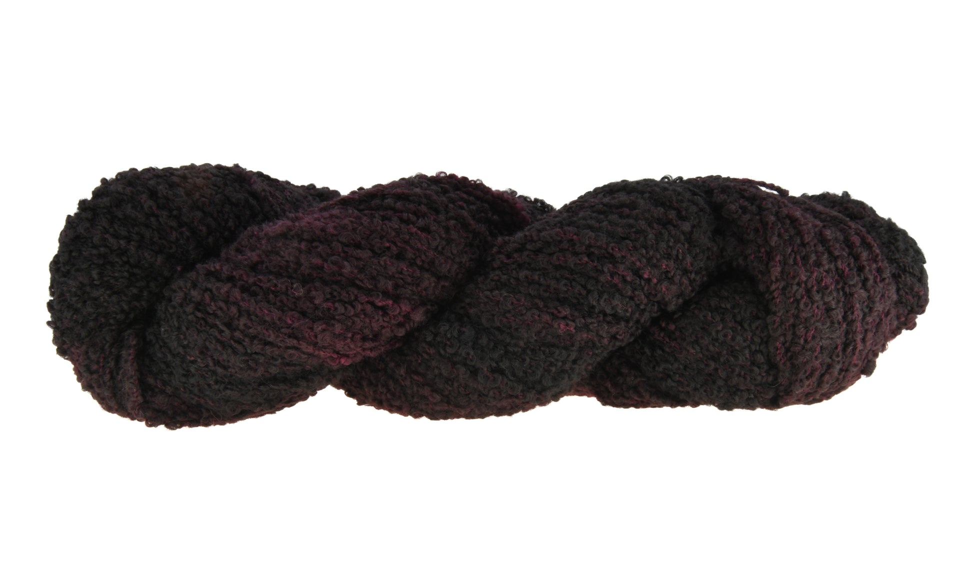 Barn Yarn twisted skein of Shiraz Boucle DK weight hand-dyed yarn in a deep, dark burgundy, ideal for knitting and crochet projects needing rich, wine-inspired color.