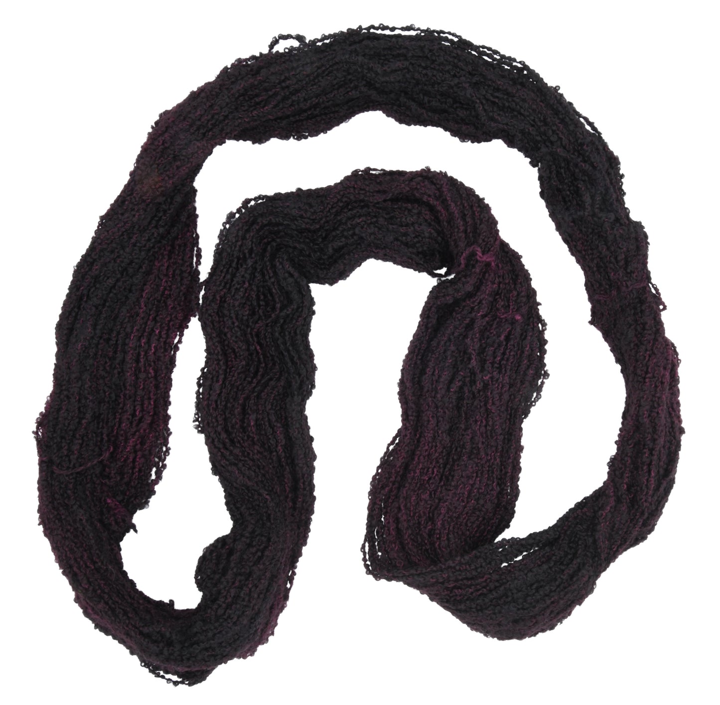Barn Yarn unfolded skein of Shiraz Boucle DK weight hand-dyed yarn in a deep, dark burgundy, ideal for knitting and crochet projects needing rich, wine-inspired color.