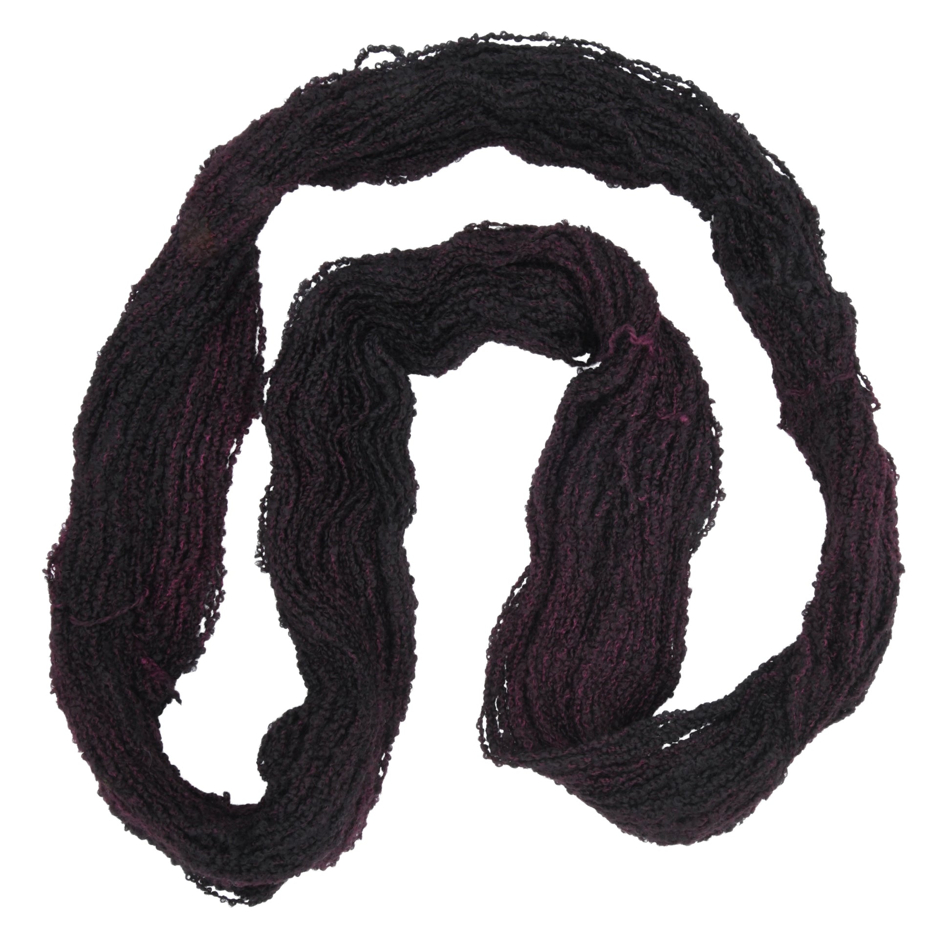 Barn Yarn unfolded skein of Shiraz Boucle DK weight hand-dyed yarn in a deep, dark burgundy, ideal for knitting and crochet projects needing rich, wine-inspired color.