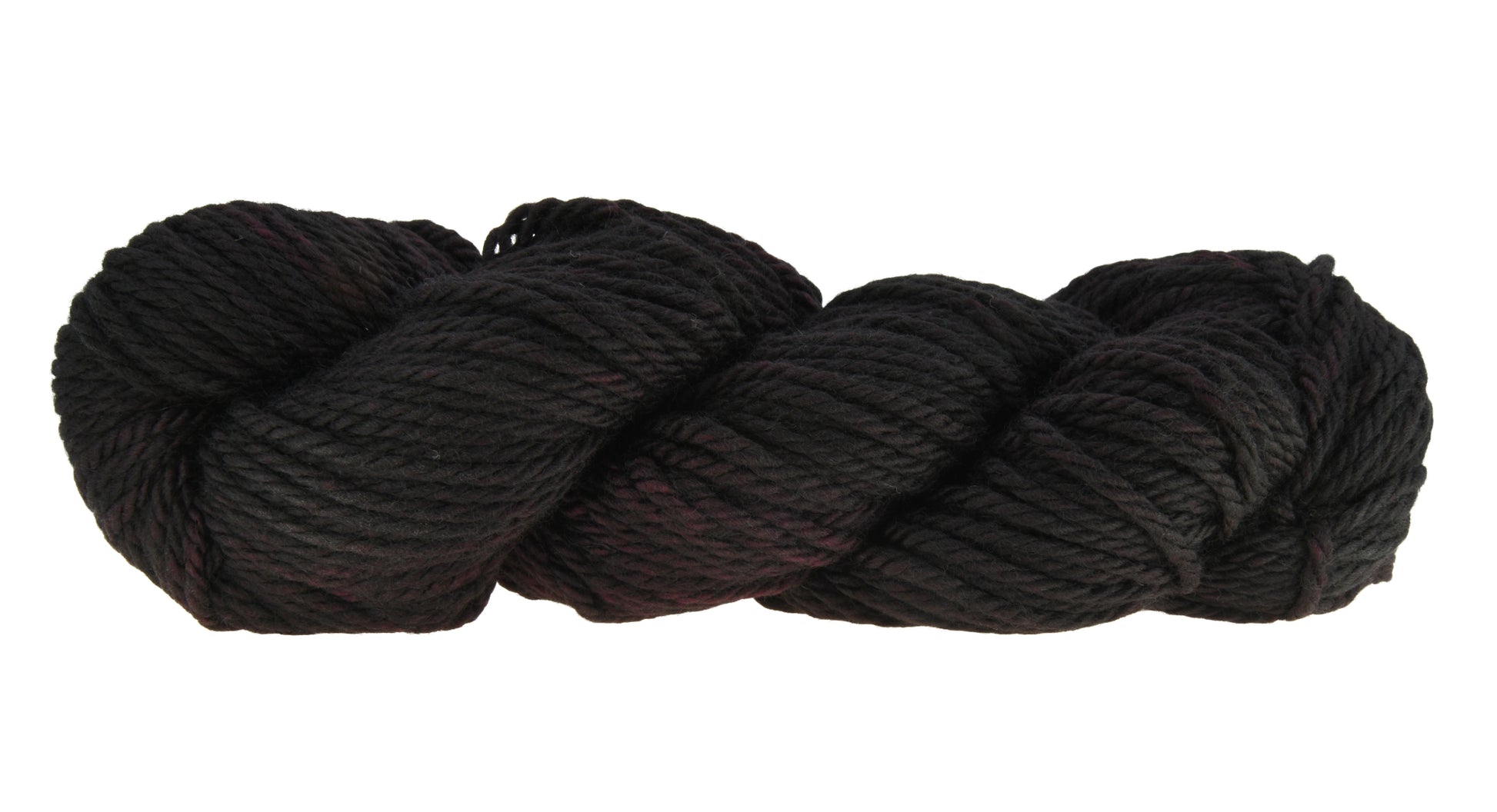Barn Yarn twisted skein of Shiraz bulky weight hand-dyed yarn in a deep, dark burgundy, ideal for knitting and crochet projects needing rich, wine-inspired color.