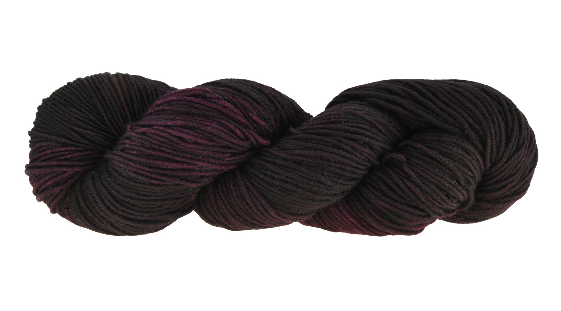Barn Yarn twisted skein of Shiraz sport weight hand-dyed yarn in a deep, dark burgundy, ideal for knitting and crochet projects needing rich, wine-inspired color.