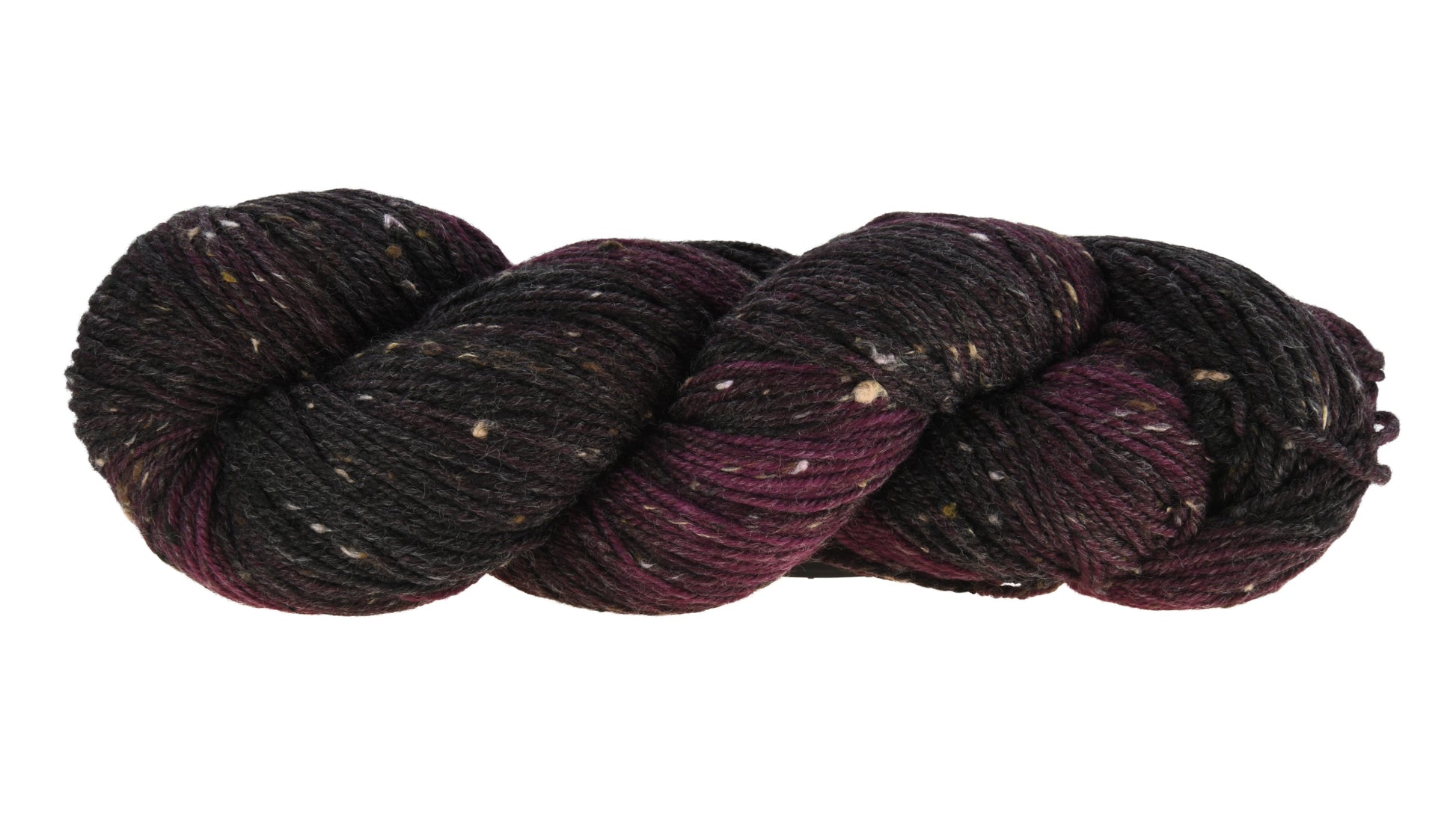Barn Yarn twisted skein of Shiraz tweed DK weight hand-dyed yarn in a deep, dark burgundy, ideal for knitting and crochet projects needing rich, wine-inspired color.
