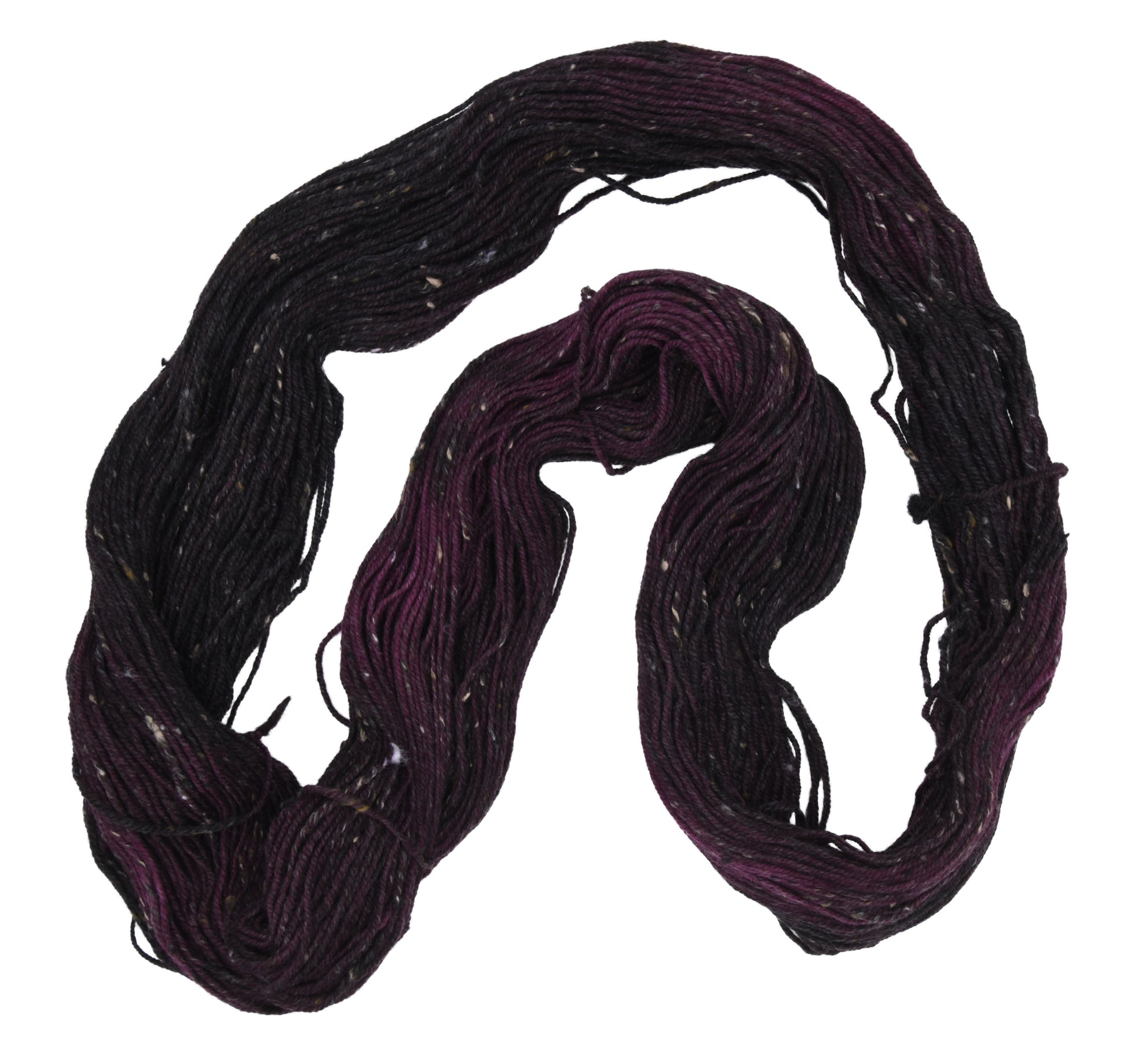 Barn Yarn unfolded skein of Shiraz tweed DK weight hand-dyed yarn in a deep, dark burgundy, ideal for knitting and crochet projects needing rich, wine-inspired color.