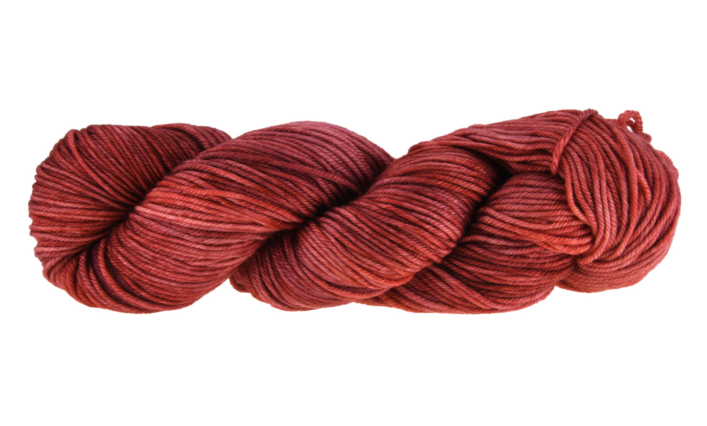 Wine Rose hand-dyed DK weight yarn in a deep rose shade, shown in a twisted hank to emphasize its tonal richness and smooth texture.