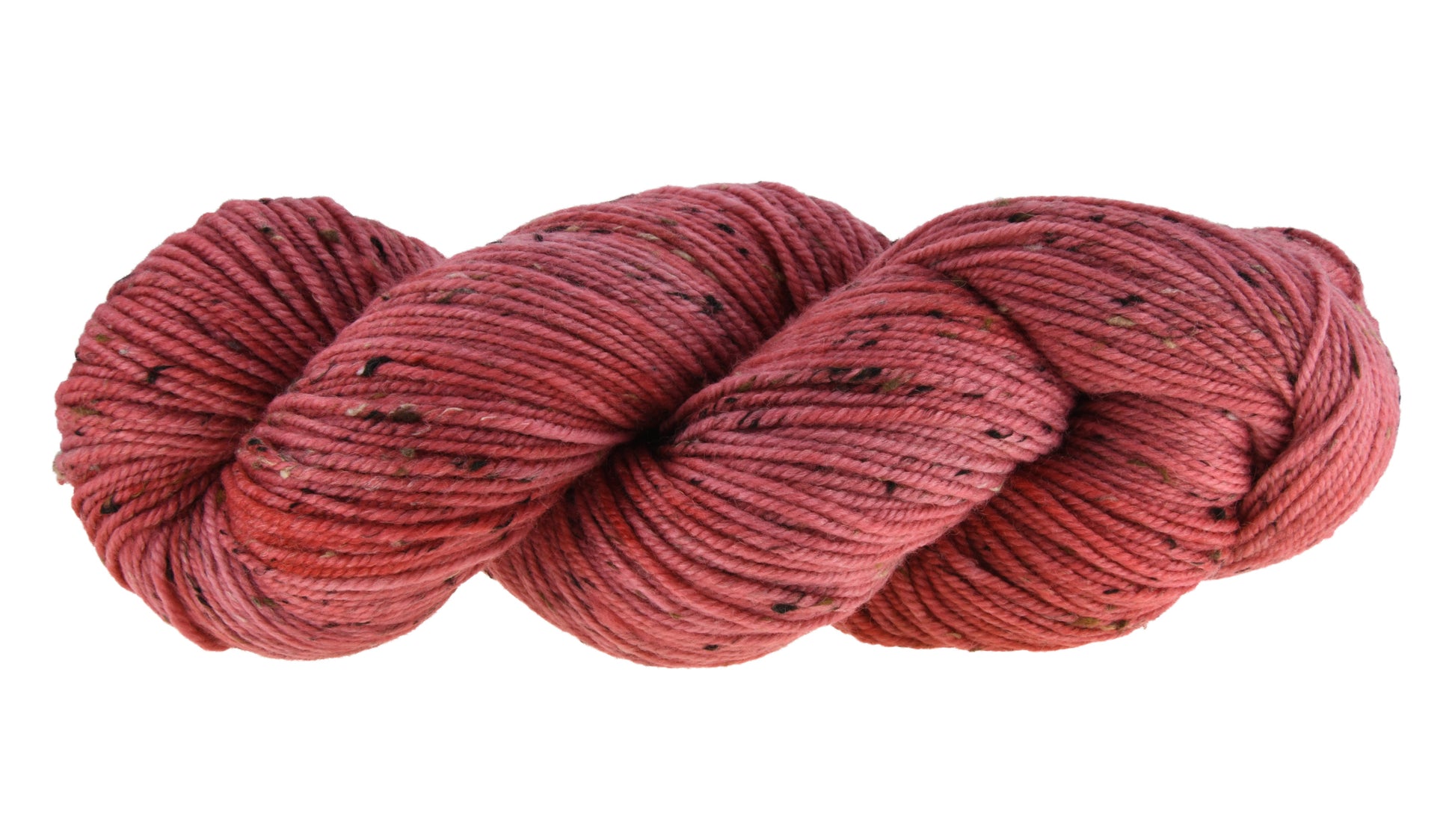 Wine Rose hand-dyed tweed yarn in a deep rose shade, shown in a twisted hank to emphasize its tonal richness and smooth texture.