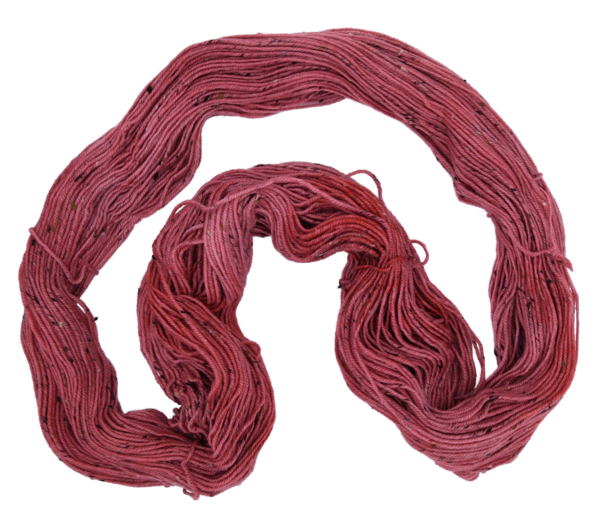 Unfolded hank of Wine Rose tweed yarn — richly dyed in a romantic dark rose color, showcasing the depth and tonal variation of the hand-dyed fiber.