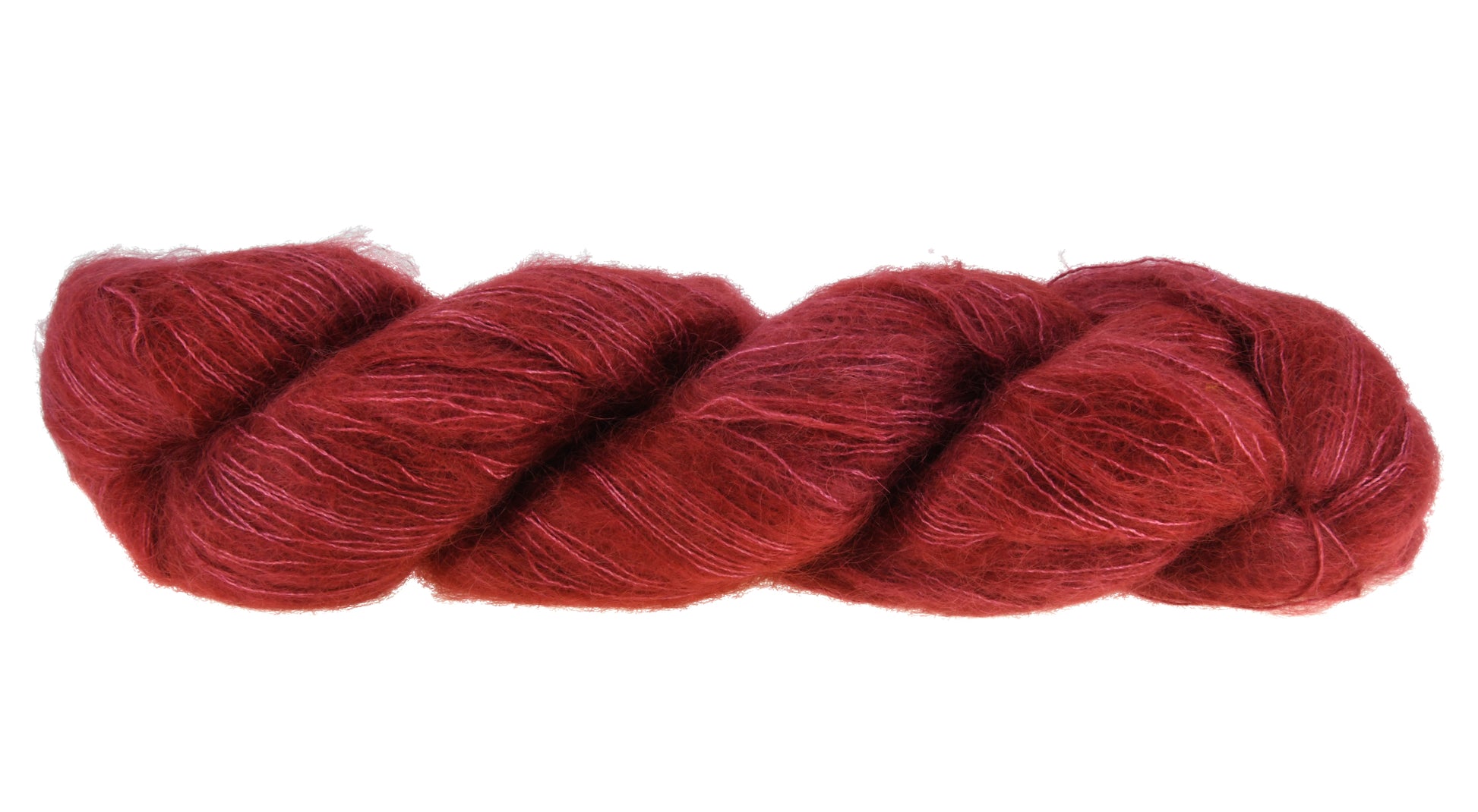 Wine Rose hand-dyed lace-weight mohair yarn in a deep rose shade, shown in a twisted hank to emphasize its tonal richness and smooth texture.