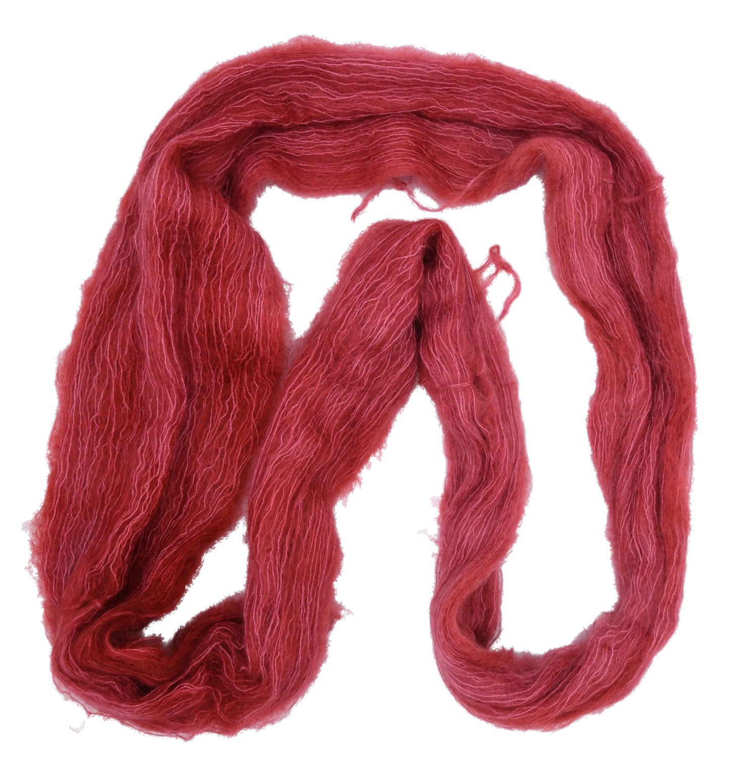 Unfolded hank of Wine Rose lace-weight mohair yarn — richly dyed in a romantic dark rose color, showcasing the depth and tonal variation of the hand-dyed fiber.