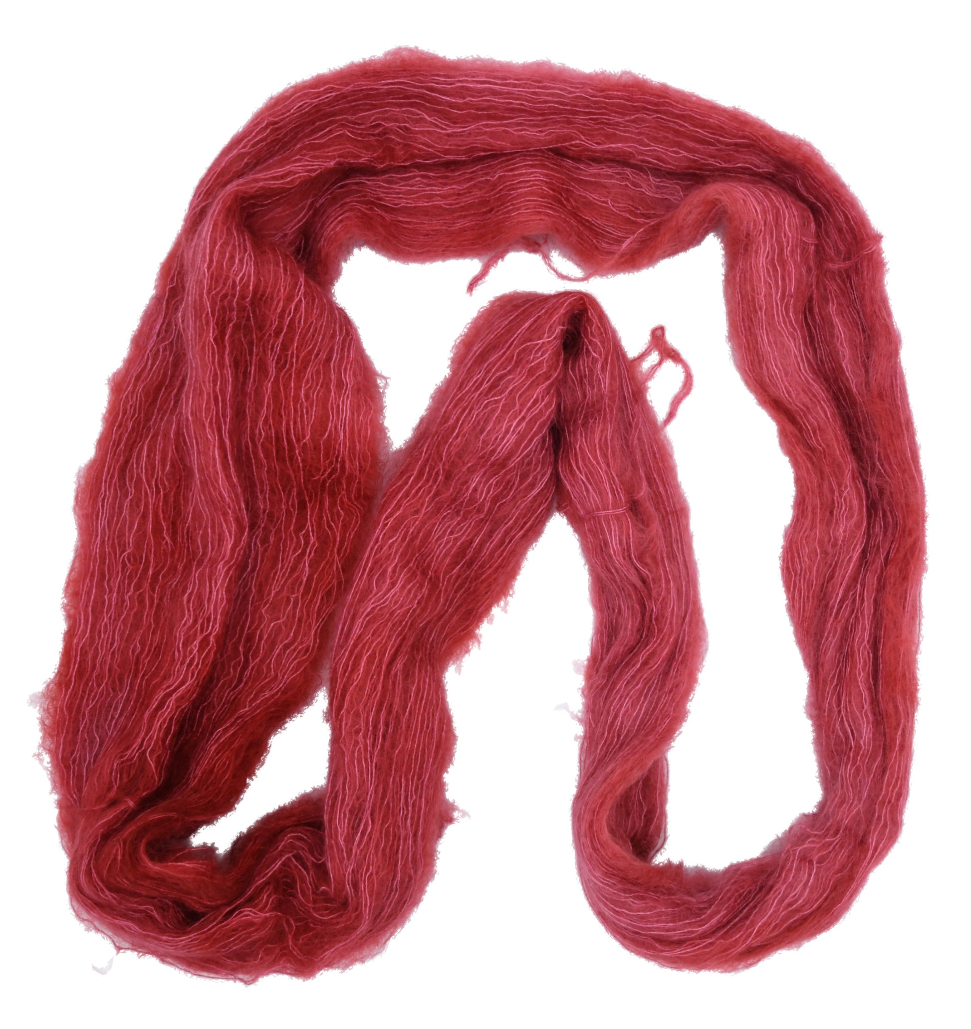 Unfolded hank of Wine Rose lace-weight mohair yarn — richly dyed in a romantic dark rose color, showcasing the depth and tonal variation of the hand-dyed fiber.