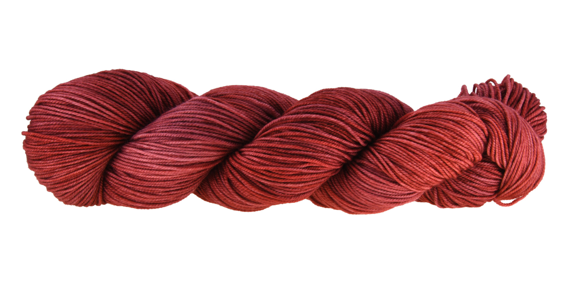 Wine Rose hand-dyed sport weight yarn in a deep rose shade, shown in a twisted hank to emphasize its tonal richness and smooth texture.