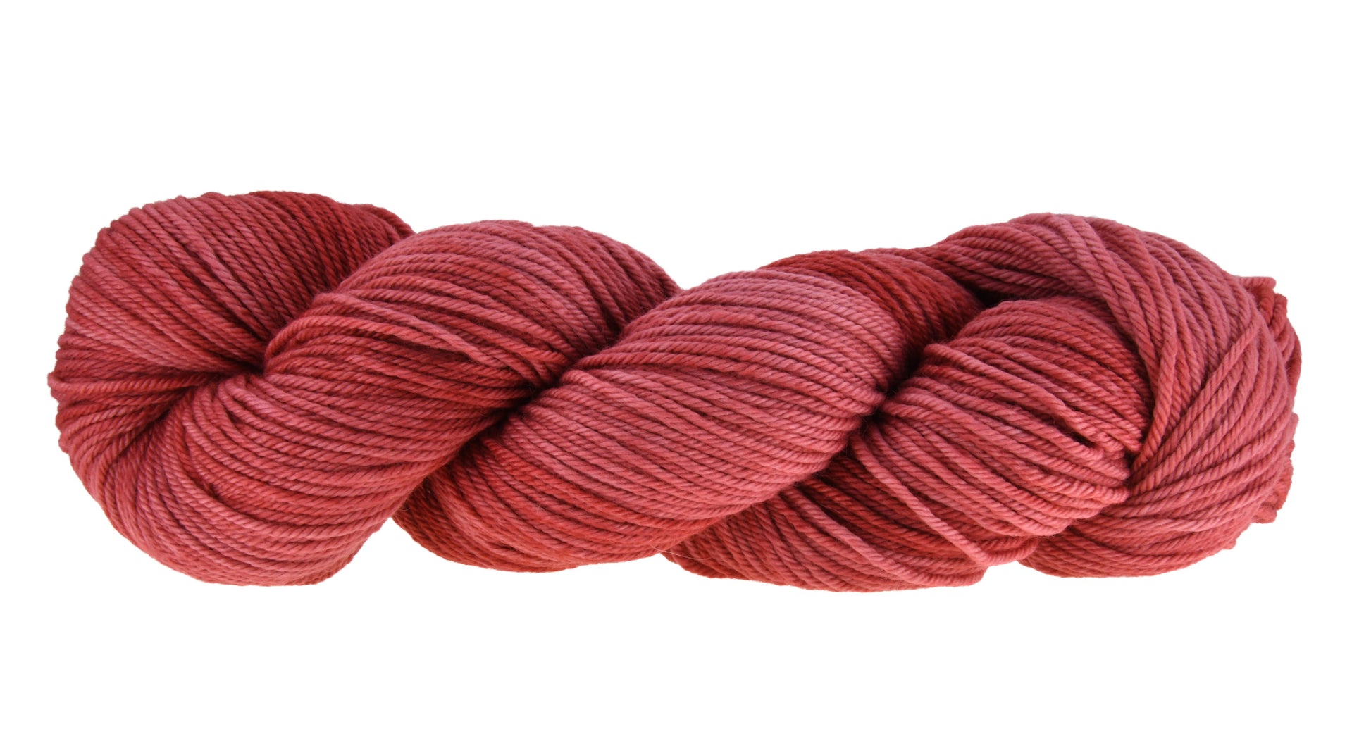 Wine Rose hand-dyed worsted weight yarn in a deep rose shade, shown in a twisted hank to emphasize its tonal richness and smooth texture.