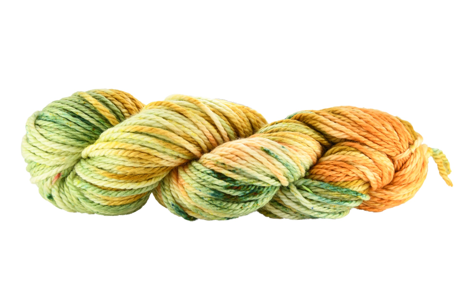 Winter Pumpkin Bulky Yarn — hand-dyed in soft sage green and apricot with gold speckles, shown in a twisted hank that emphasizes the slub texture and earthy tonal blend