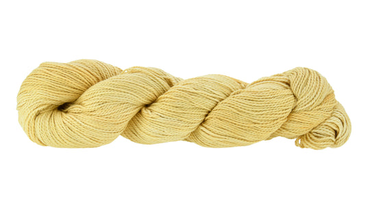 Hand-dyed DK weight yarn in Zen Garden colorway — 100% Pima cotton skein in soft yellow with subtle tonal shifts, twisted in a classic hank to show smooth 2-ply structure and gentle sheen