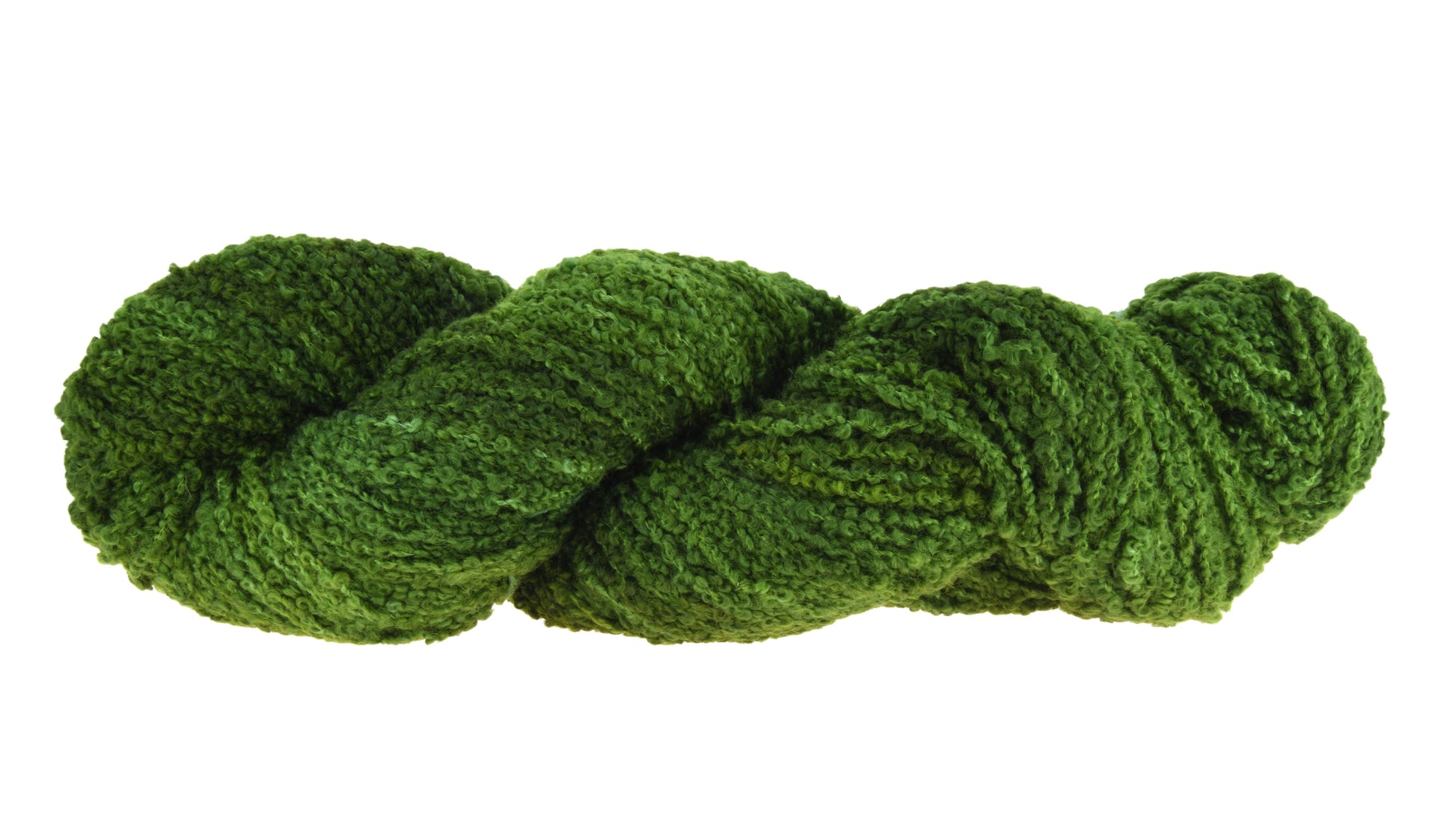 A twisted skein of Barn Yarn boucle DK weight yarn in colorway I’m Swamped!; a rich mossy green shade, perfect for earthy knitting and crochet projects.