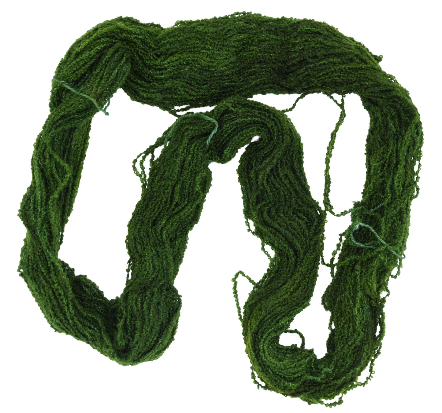 An unfolded skein of Barn Yarn boucle DK weight yarn in colorway I’m Swamped!; a rich mossy green shade, perfect for earthy knitting and crochet projects.