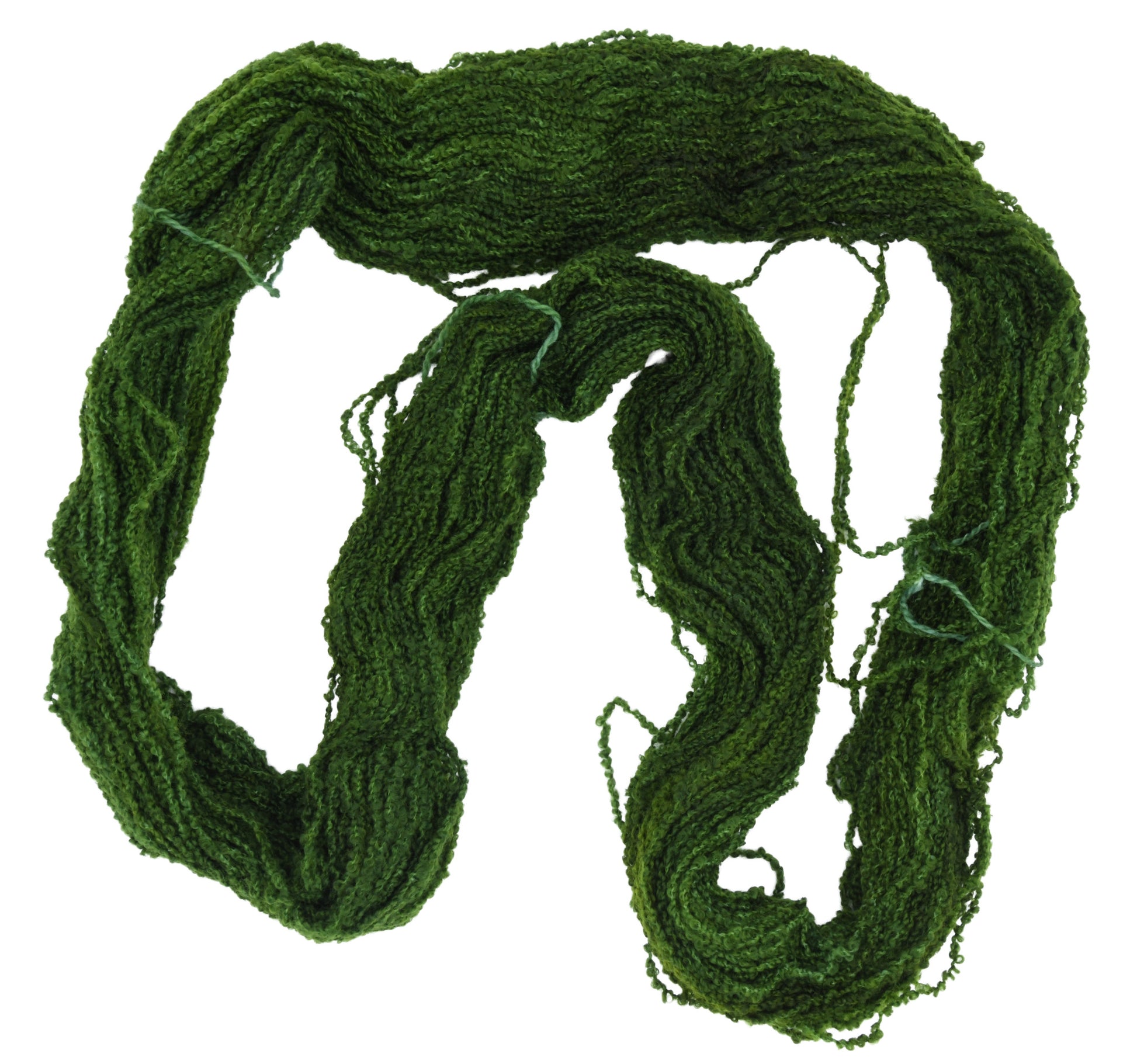 An unfolded skein of Barn Yarn boucle DK weight yarn in colorway I’m Swamped!; a rich mossy green shade, perfect for earthy knitting and crochet projects.