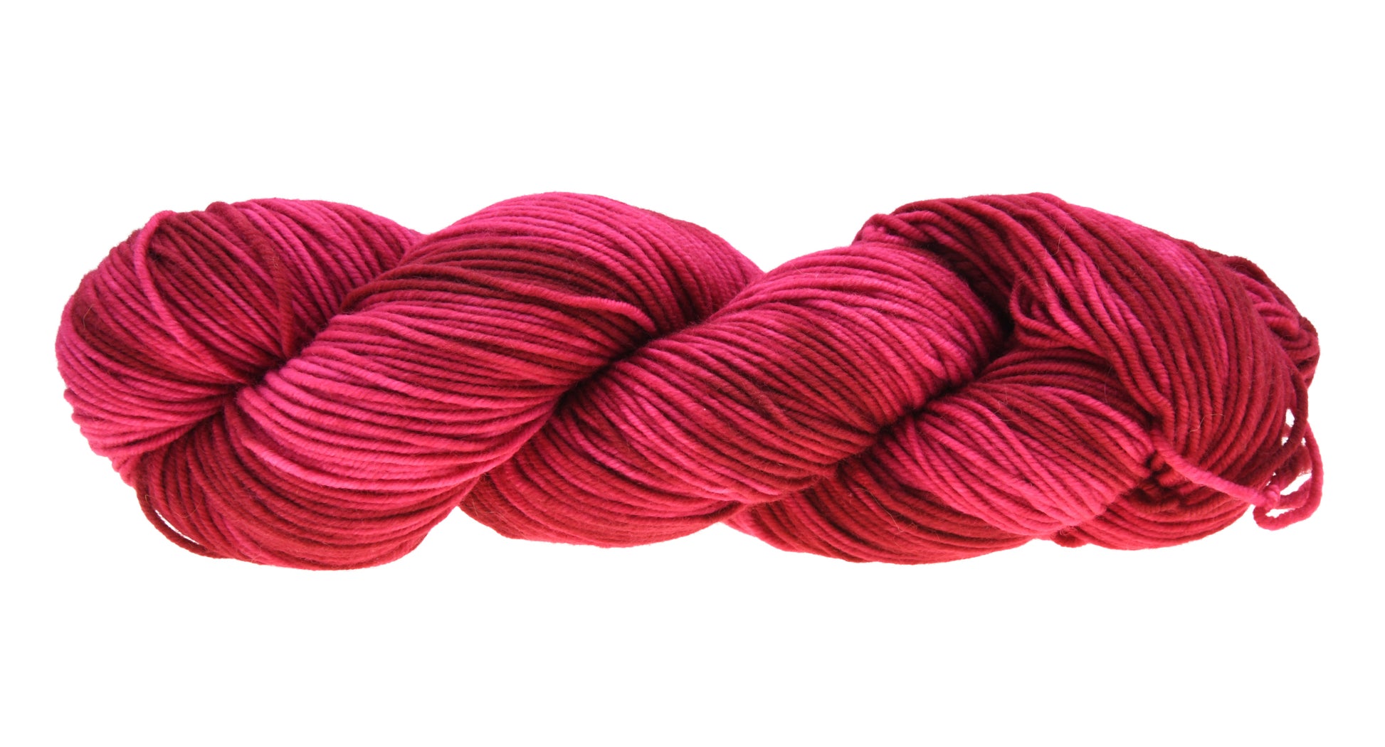 A twisted hank of DK weight hand-dyed yarn in colorway Pomegranate featuring layered bright and dark saturated pink tones, ideal for vibrant handmade creations.