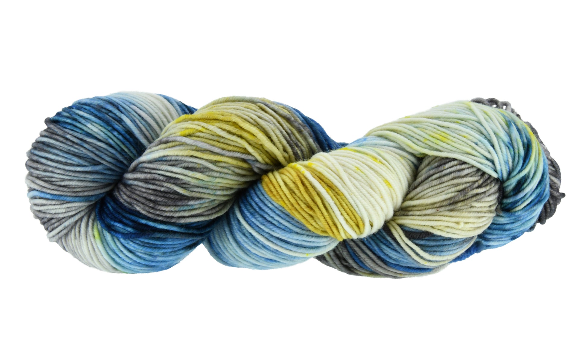 A twisted skein of Barn Yarn hand-dyed DK weight yarn in colorway Beehive featuring golden yellow, soft gray and blue tones, perfect for warm and vibrant knitting and crochet projects.