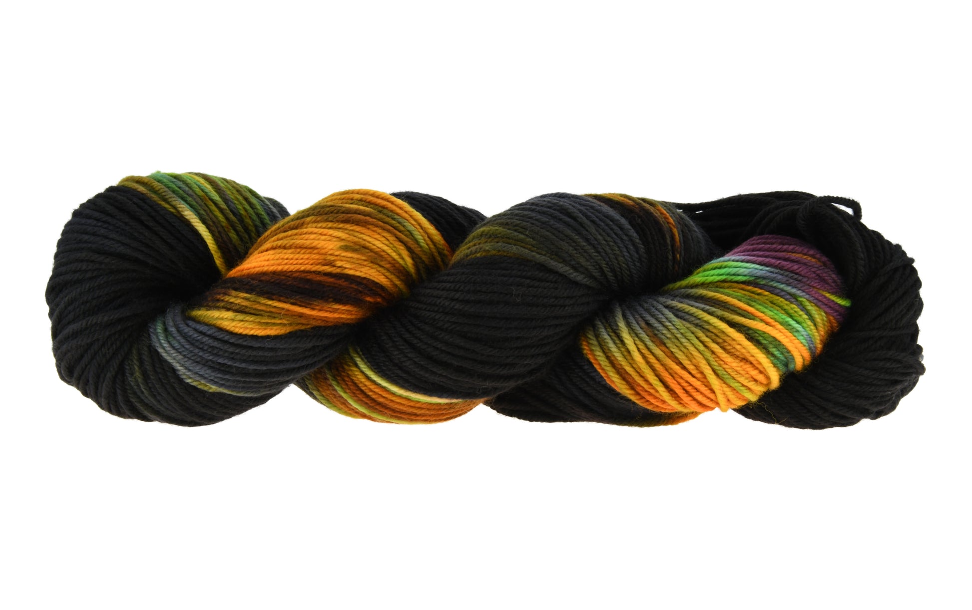 A twisted skein of Barn Yarn hand-dyed DK weight yarn in colorway Imperial Pumpkin - a black base layered with pumpkin orange, plum, blue, gray, green, and warm browns. Perfect for knitting and crochet projects.
