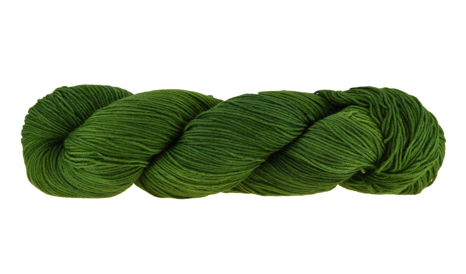 A twisted skein of Barn Yarn fingering weight yarn in colorway I’m Swamped!; a rich mossy green shade, perfect for earthy knitting and crochet projects.