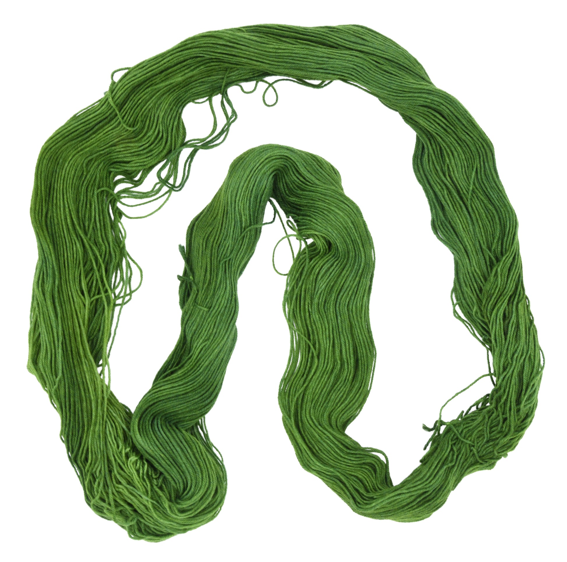 An unfolded skein of Barn Yarn fingering weight yarn in colorway I’m Swamped!; a rich mossy green shade, perfect for earthy knitting and crochet projects.