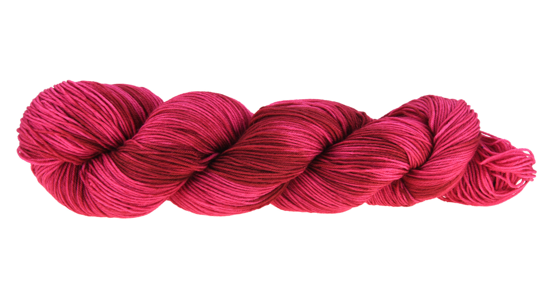 A twisted hank of fingering weight hand-dyed yarn in colorway Pomegranate featuring layered bright and dark saturated pink tones, ideal for vibrant handmade creations.
