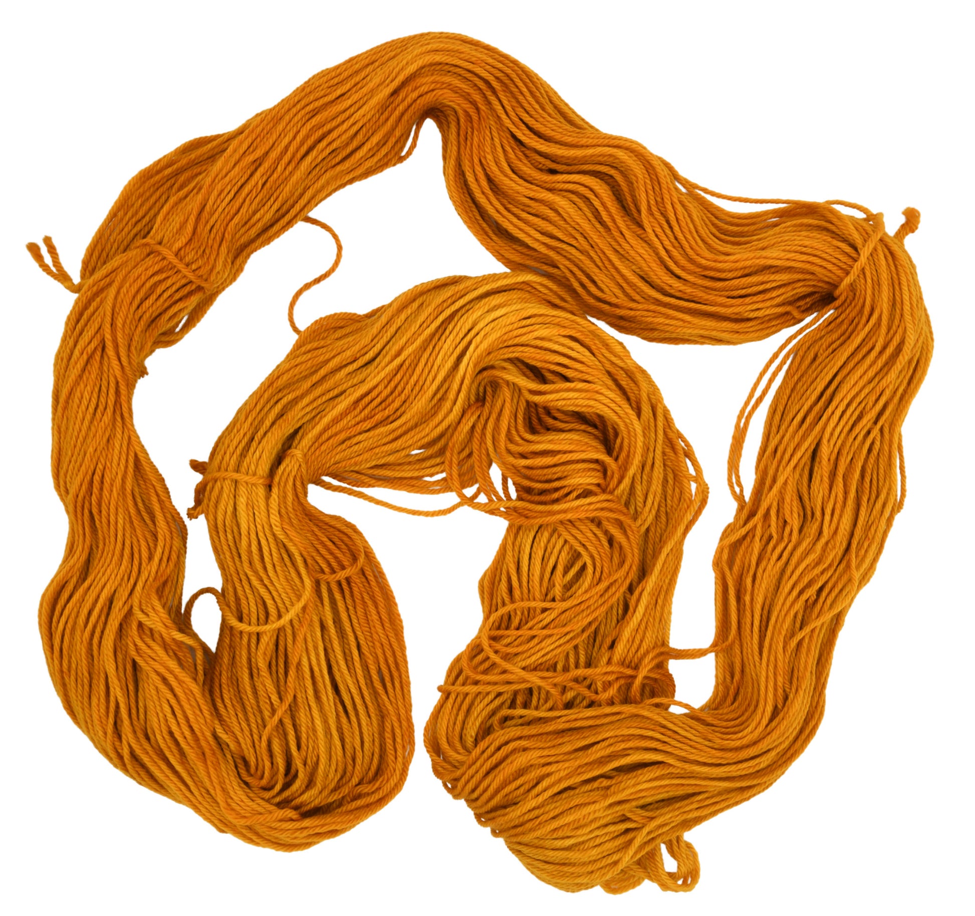 An unfolded skein of Barn Yarn hand-dyed merino-cashmere-nylon yarn in colorway Golden Era, a radiant golden yellow shade, perfect for warm and luxurious knitting and crochet projects.