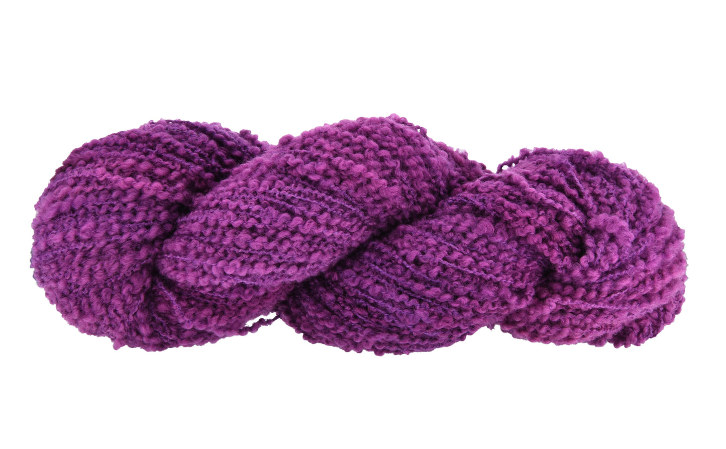 A twisted hank of Barn Yarn hand-dyed boucle yarn in colorway Grape-ly Appreciated showing vivid purple tones, ideal for eye-catching knitting and crochet creations.