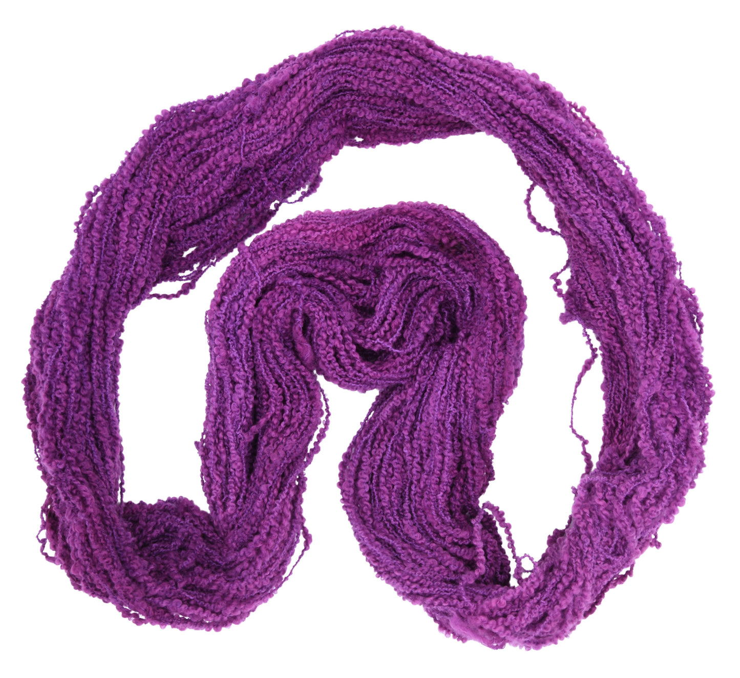 An unfolded hank of Barn Yarn hand-dyed boucle yarn in colorway Grape-ly Appreciated showing vivid purple tones, ideal for eye-catching knitting and crochet creations.