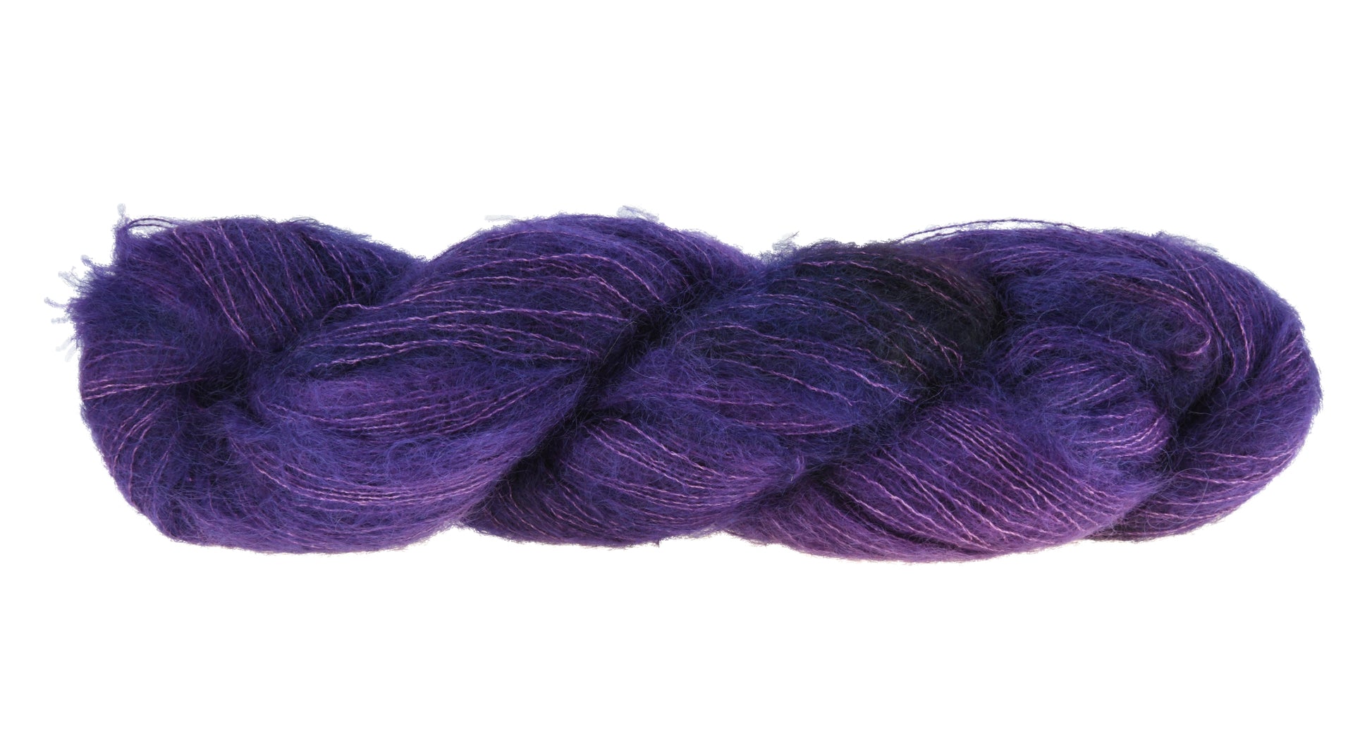 A twisted hank of Barn Yarn hand-dyed mohair yarn in colorway Grape-ly Appreciated showing vivid purple tones, ideal for eye-catching knitting and crochet creations.