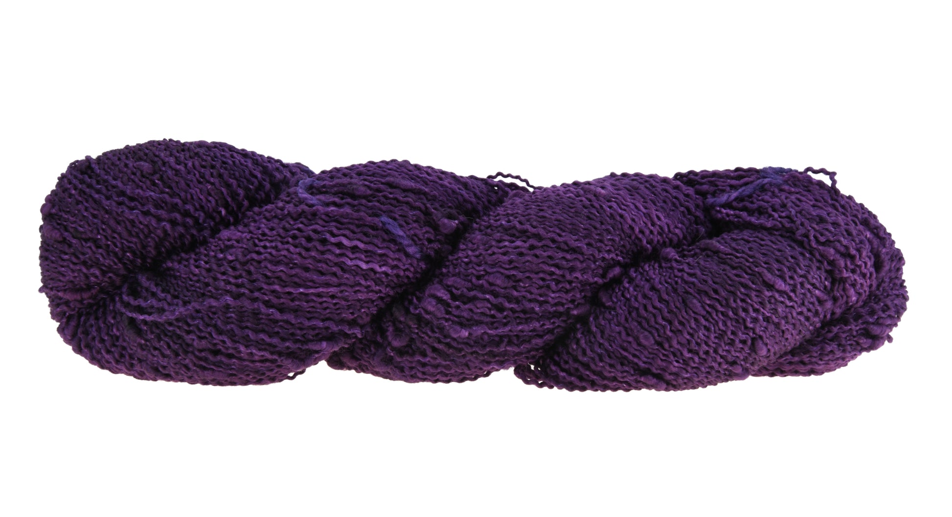 A twisted hank of Barn Yarn hand-dyed slub yarn in colorway Grape-ly Appreciated showing vivid purple tones, ideal for eye-catching knitting and crochet creations.