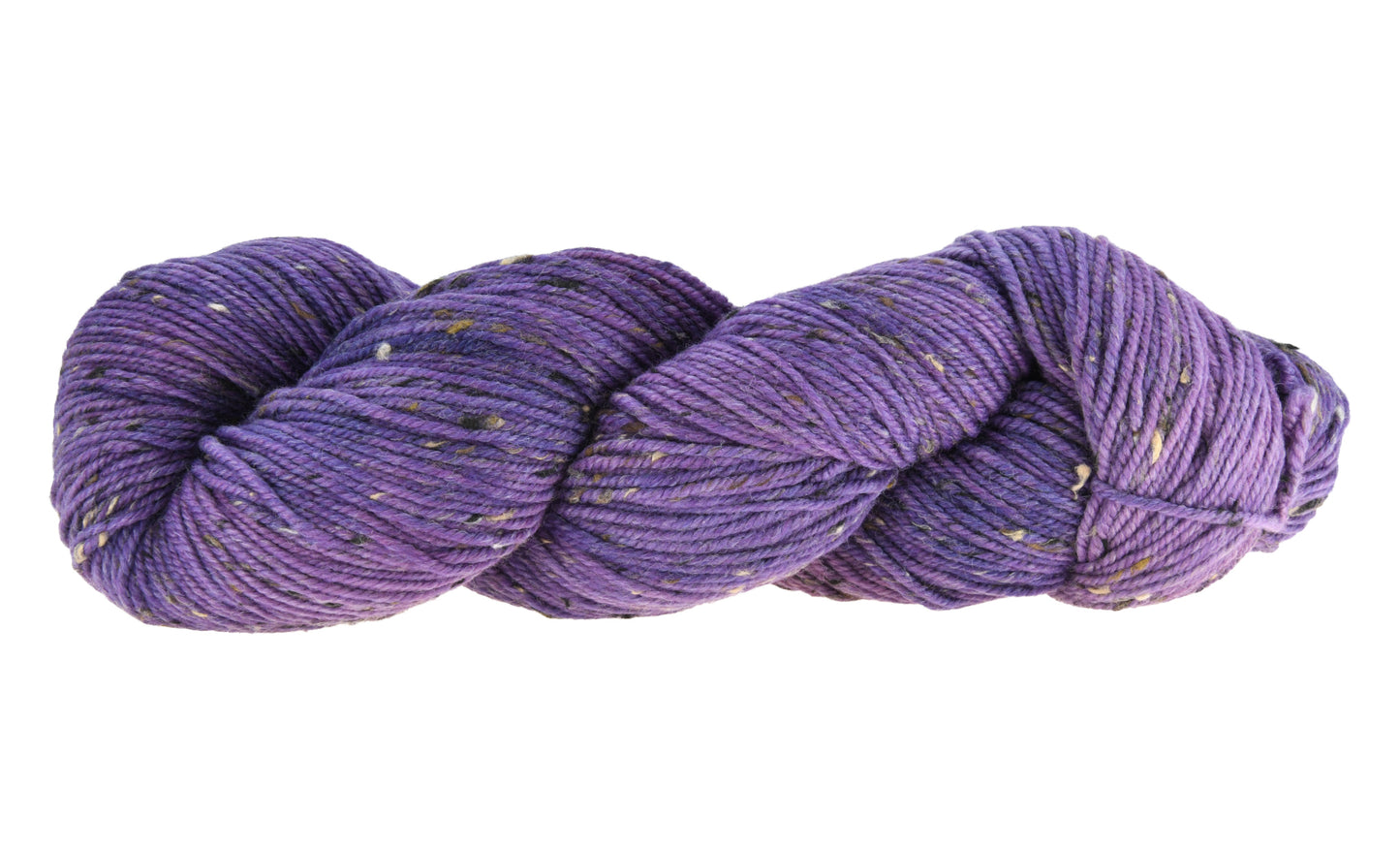 A twisted hank of Barn Yarn hand-dyed tweed yarn in colorway Grape-ly Appreciated showing vivid purple tones, ideal for eye-catching knitting and crochet creations.