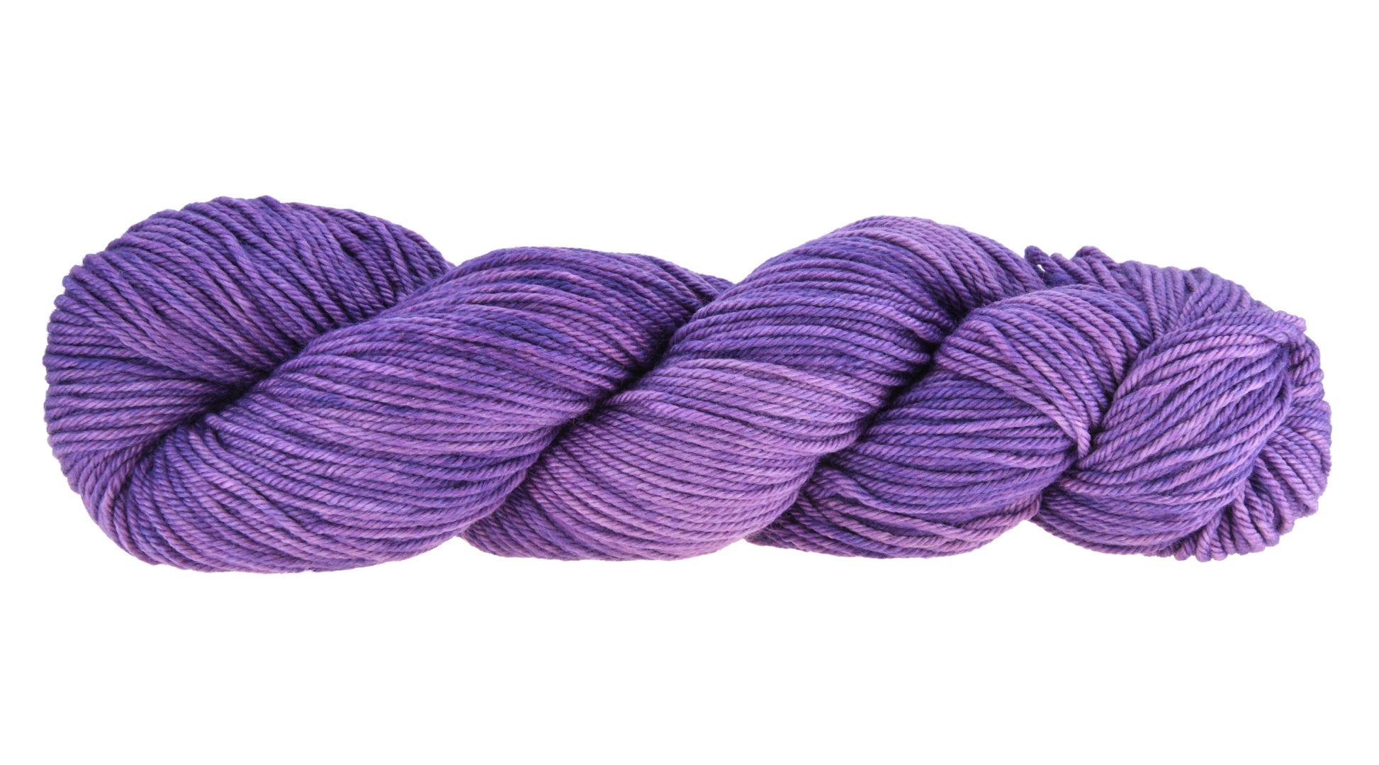 A twisted hank of Barn Yarn hand-dyed worsted weight yarn in colorway Grape-ly Appreciated showing vivid purple tones, ideal for eye-catching knitting and crochet creations.