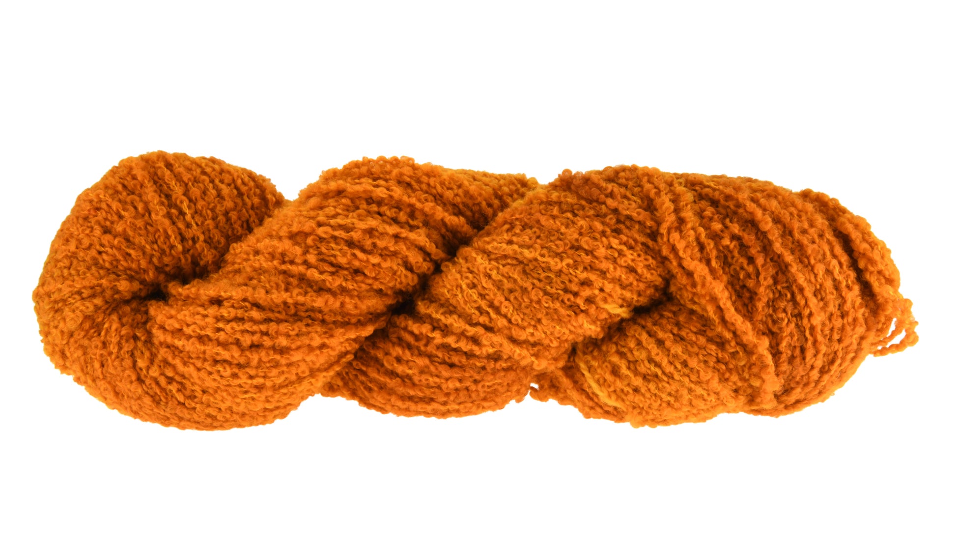 A twisted skein of Barn Yarn hand-dyed boucle DK weight yarn in colorway Golden Era, a radiant golden yellow shade, perfect for warm and luxurious knitting and crochet projects.