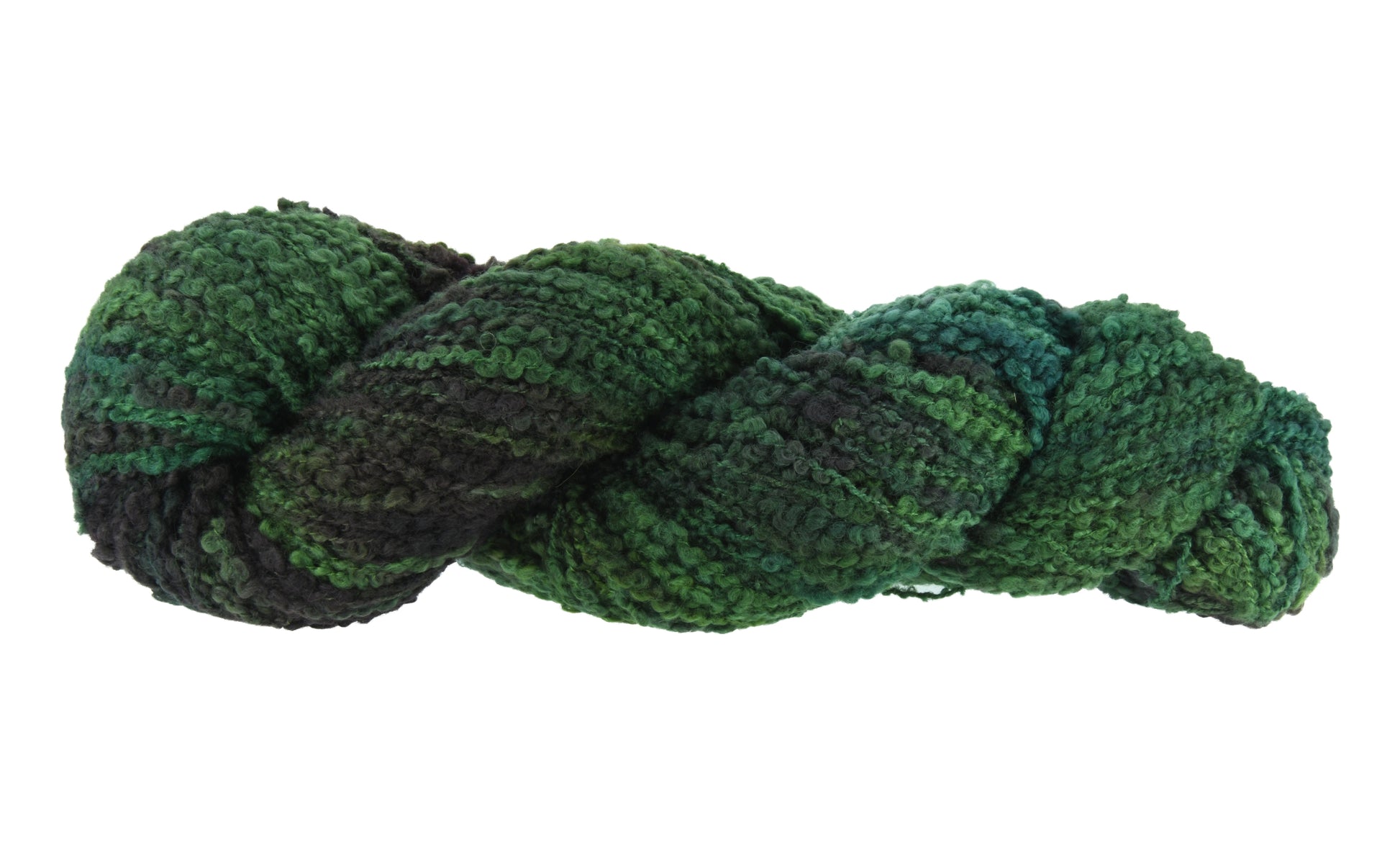 A twisted skein of Barn Yarn hand-dyed boucle DK weight yarn in colorway Holly Leaves, a classic evergreen with deep, saturated tones perfect for all knit and crochet projects.