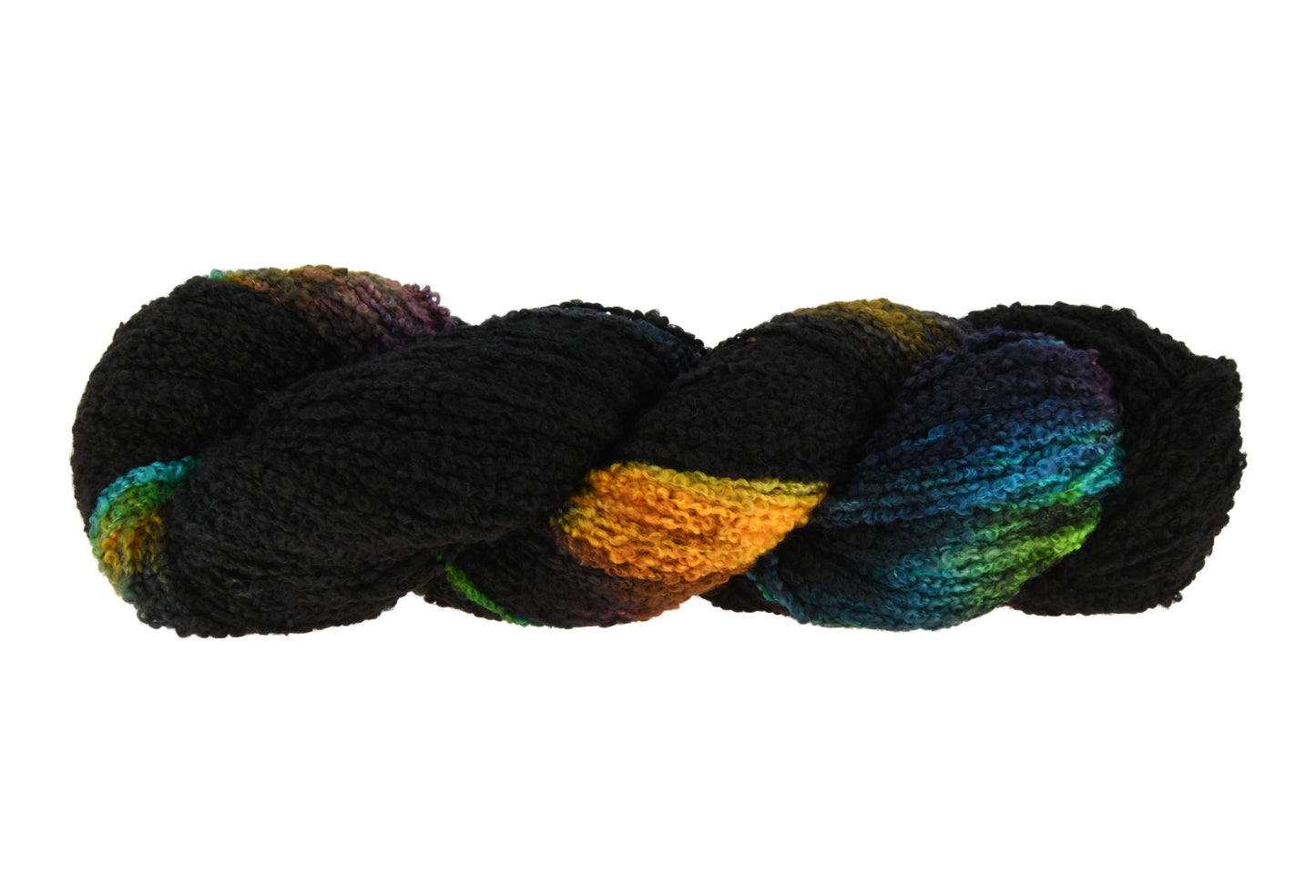 A twisted skein of Barn Yarn hand-dyed boucle DK weight yarn in colorway Imperial Pumpkin - a black base layered with pumpkin orange, plum, blue, gray, green, and warm browns. Perfect for knitting and crochet projects.