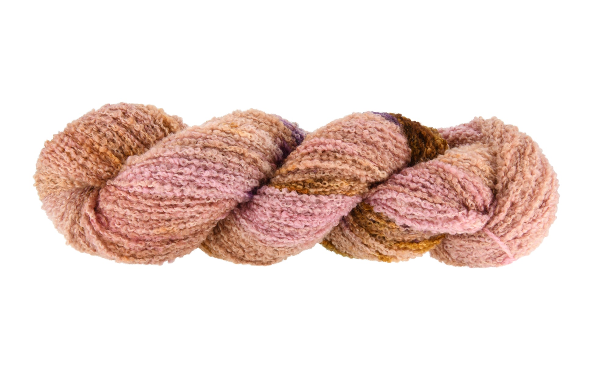 A twisted skein of Barn Yarn hand-dyed boucle DK weight yarn in colorway Nougat, a light pink, toffee, and purple combination, perfect for knitting and crochet projects.