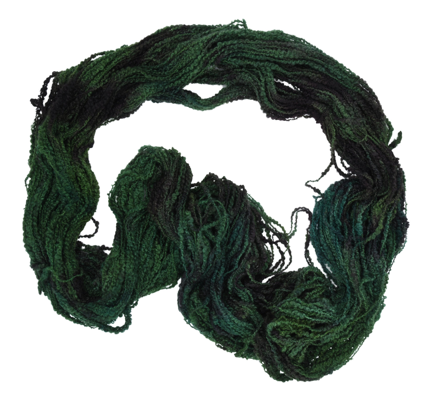 An unfolded skein of Barn Yarn hand-dyed boucle DK weight yarn in colorway Holly Leaves, a classic evergreen with deep, saturated tones perfect for all knit and crochet projects.