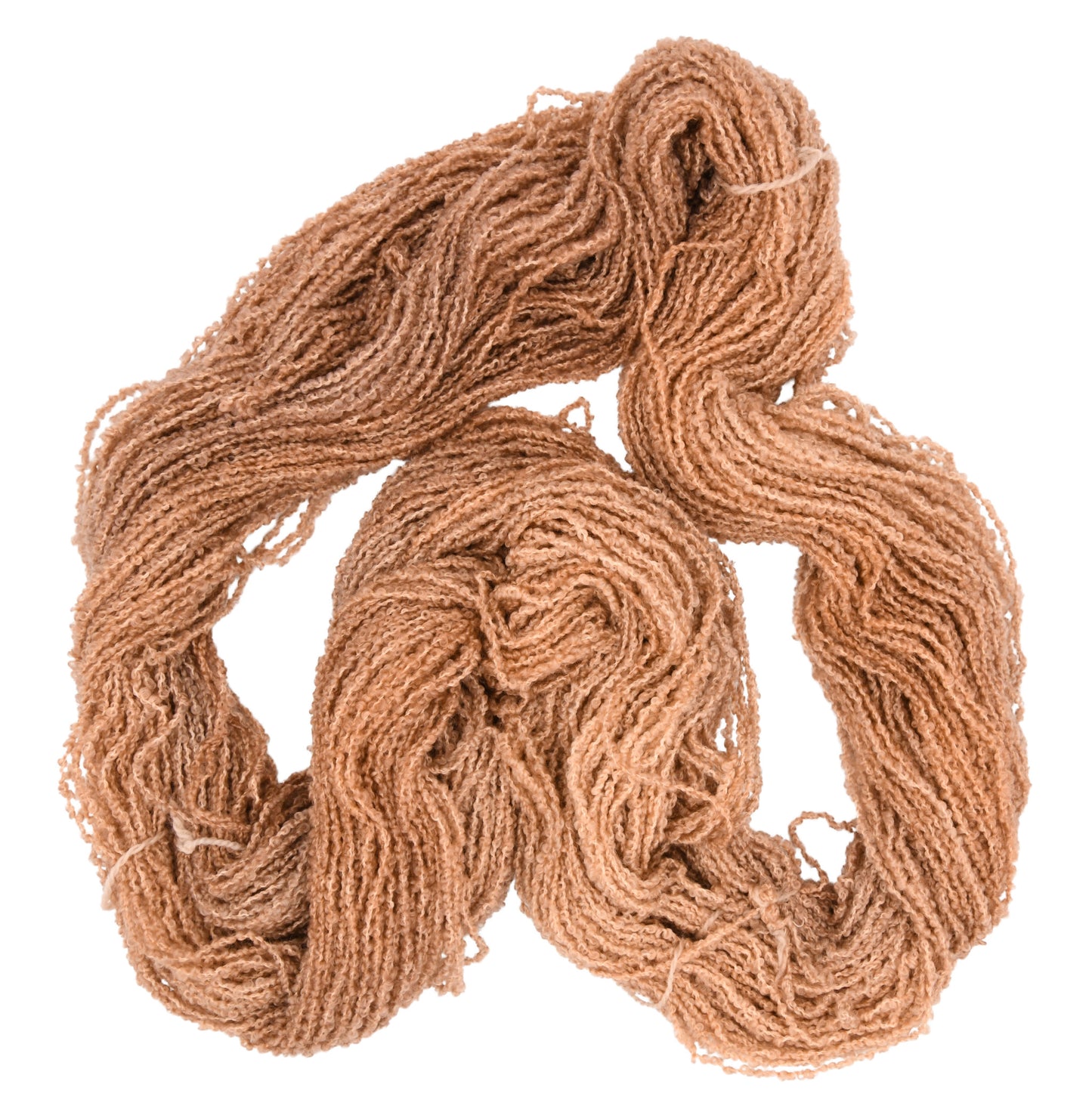 An unfolded skein of Barn Yarn hand-dyed boucle DK weight yarn in colorway Pink Sand, a soft blush pink with sandy undertones, perfect for knitting and crochet projects.