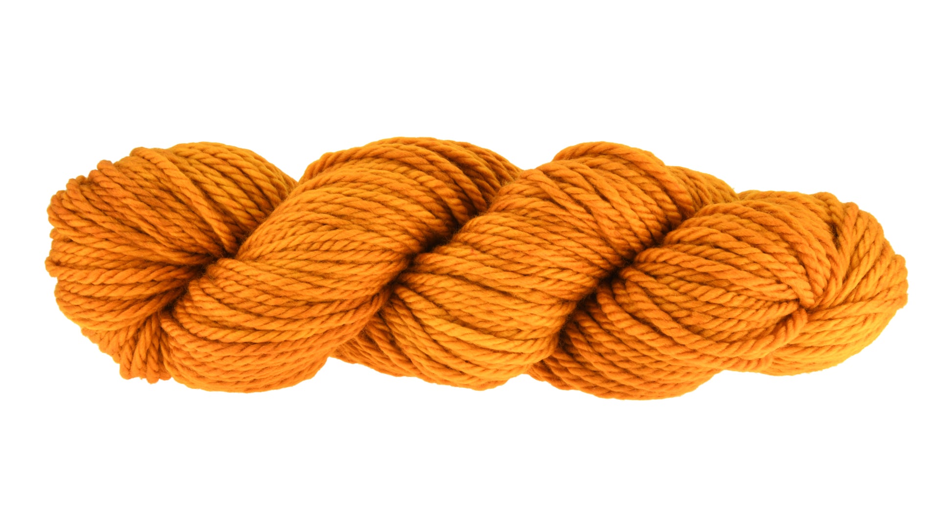 A twisted skein of Barn Yarn hand-dyed bulky weight yarn in colorway Golden Era, a radiant golden yellow shade, perfect for warm and luxurious knitting and crochet projects.