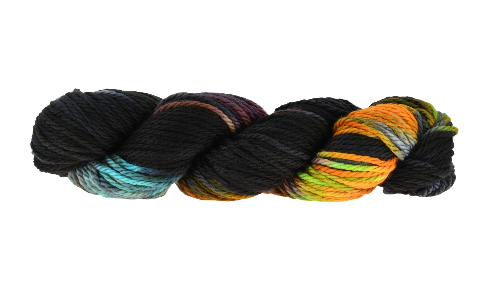 A twisted skein of Barn Yarn hand-dyed bulky weight yarn in colorway Imperial Pumpkin - a black base layered with pumpkin orange, plum, blue, gray, green, and warm browns. Perfect for knitting and crochet projects.