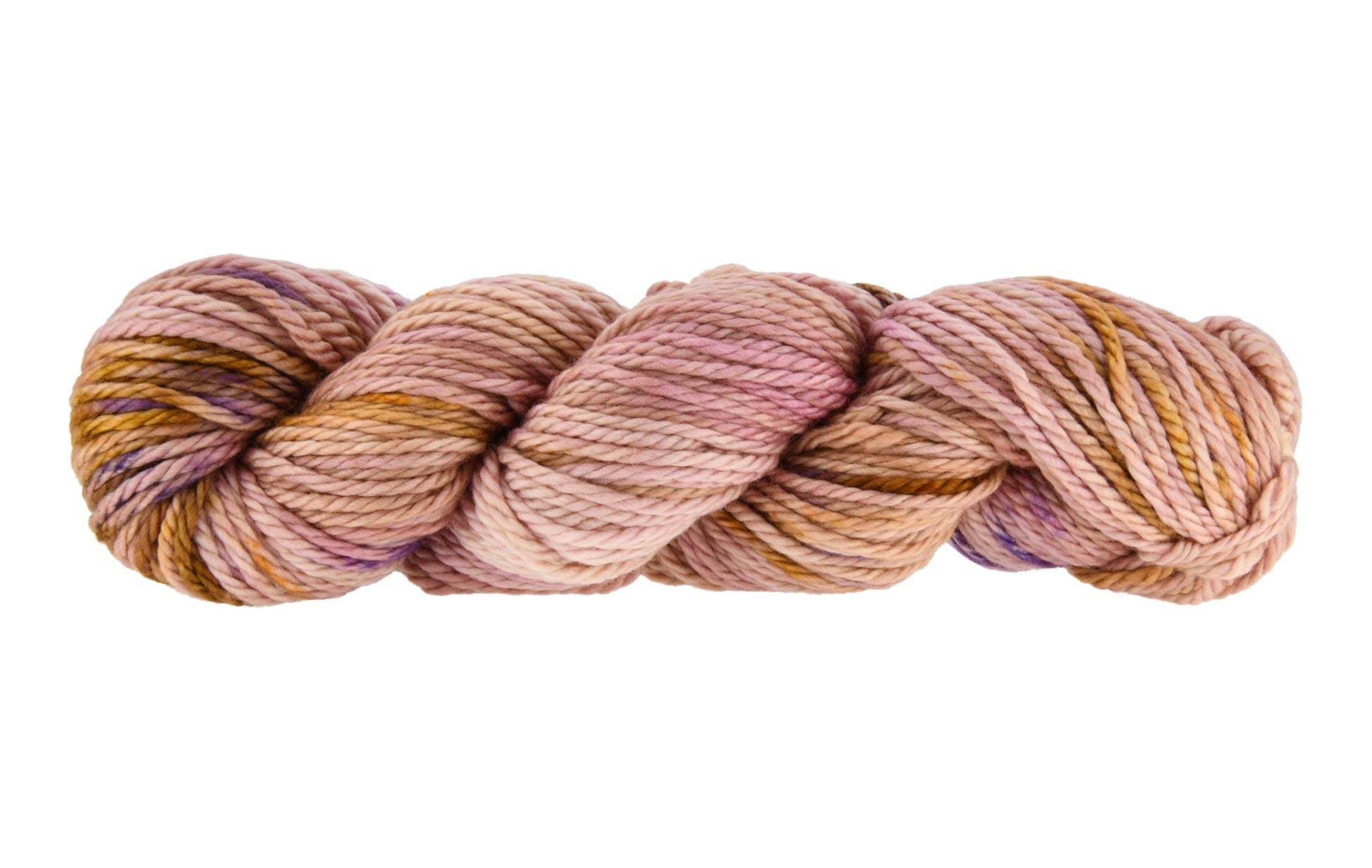 A twisted skein of Barn Yarn hand-dyed bulky weight yarn in colorway Nougat, a light pink, toffee, and purple combination, perfect for knitting and crochet projects.
