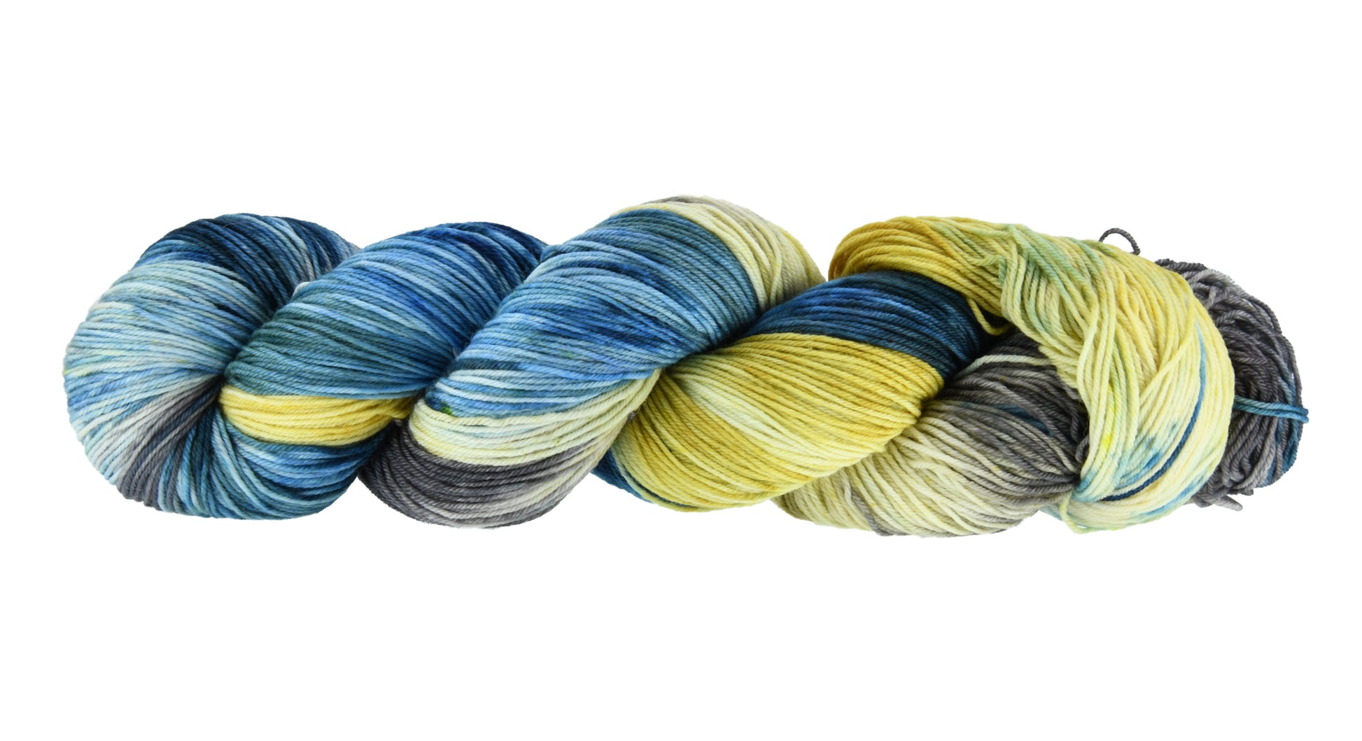 A twisted skein of Barn Yarn hand-dyed fingering weight yarn in colorway Beehive featuring golden yellow, soft gray and blue tones, perfect for warm and vibrant knitting and crochet projects.
