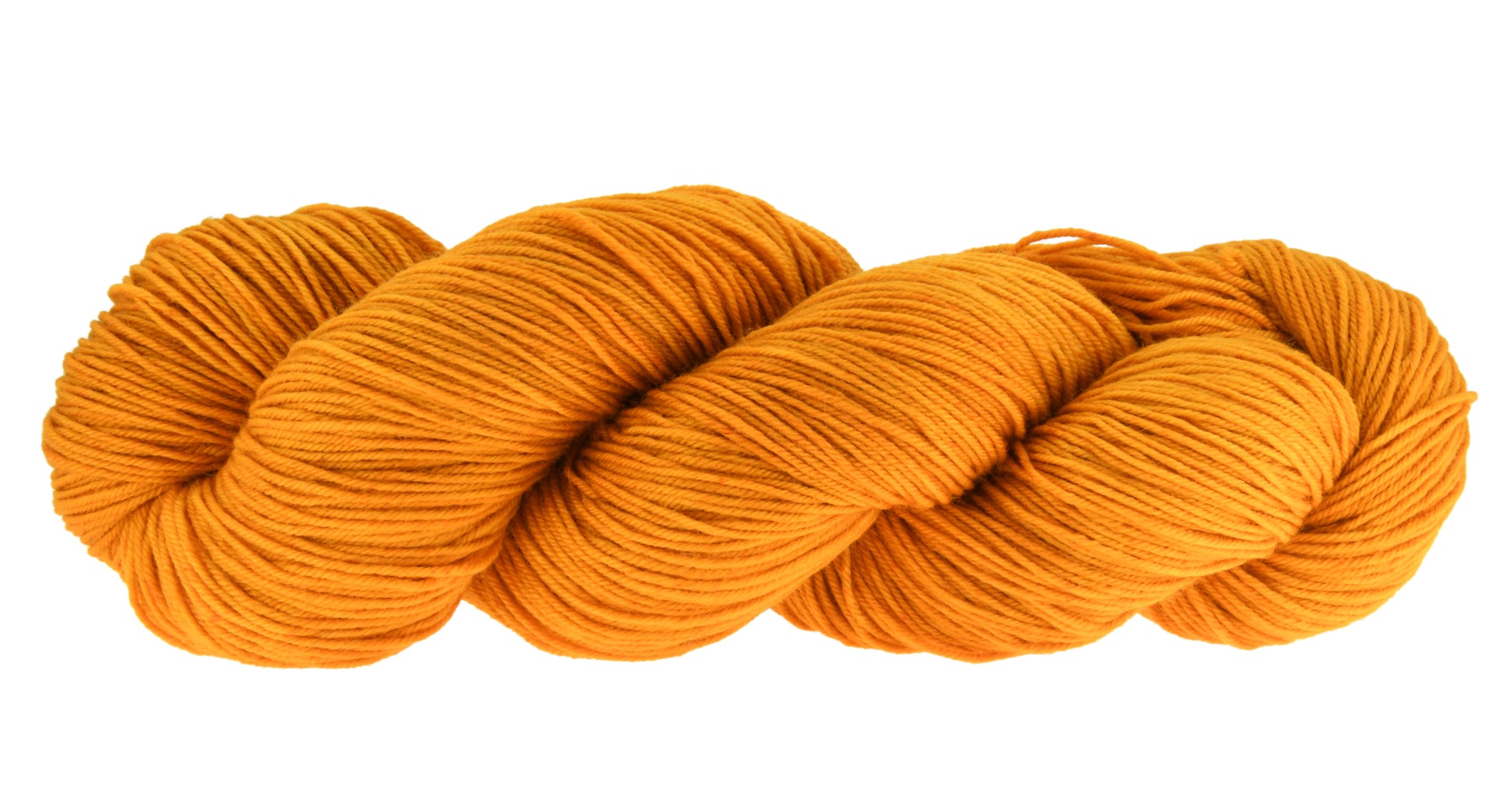 A twisted skein of Barn Yarn hand-dyed fingering weight yarn in colorway Golden Era, a radiant golden yellow shade, perfect for warm and luxurious knitting and crochet projects.