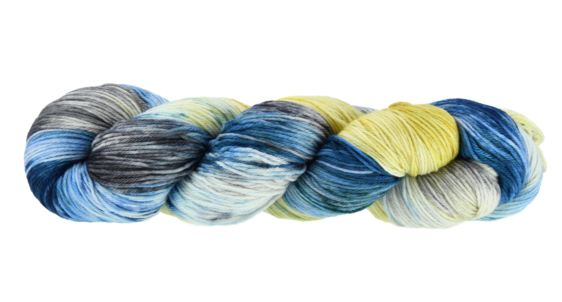A twisted skein of Barn Yarn hand-dyed merino-cashmere-nylon yarn in colorway Beehive featuring golden yellow, soft gray and blue tones, perfect for warm and vibrant knitting and crochet projects.